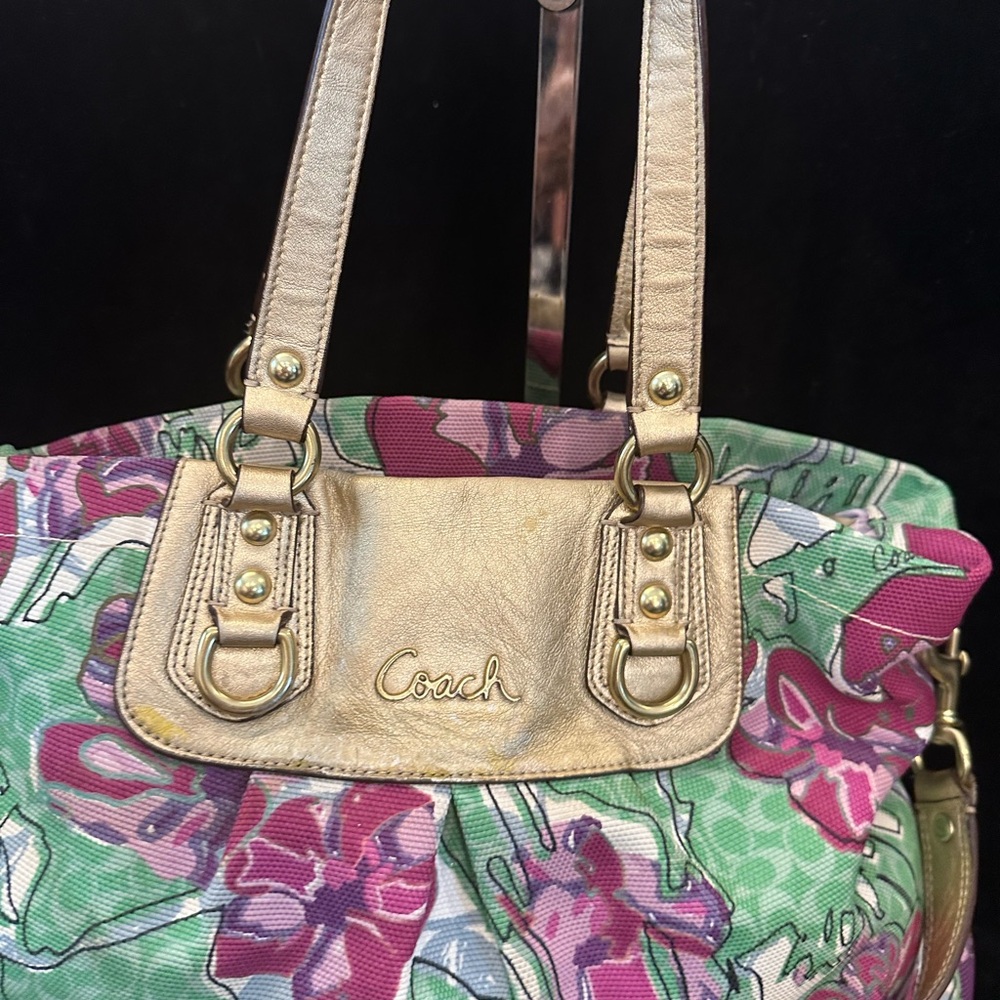 Coach Ashley 2011 Pink & Green Floral Canvas Tote with Gold Leather Accents - Picture 2 of 14